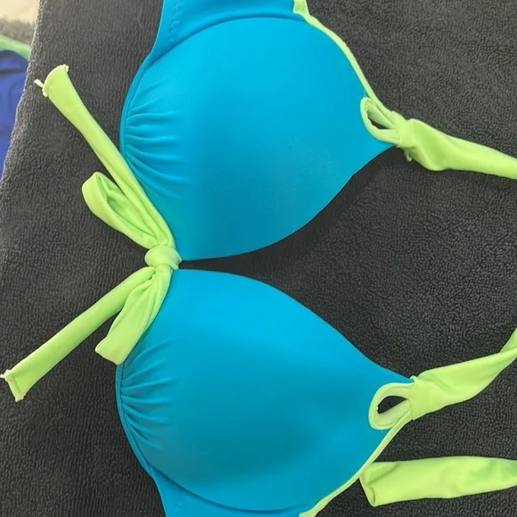 Brand new never worn side tie bikini. Bright turquoise with neon green trim. - Picture 3 of 5